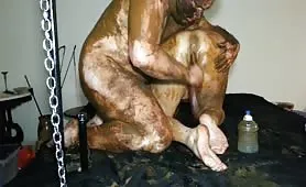 Blonde mistress feeds slave with lots of shit
